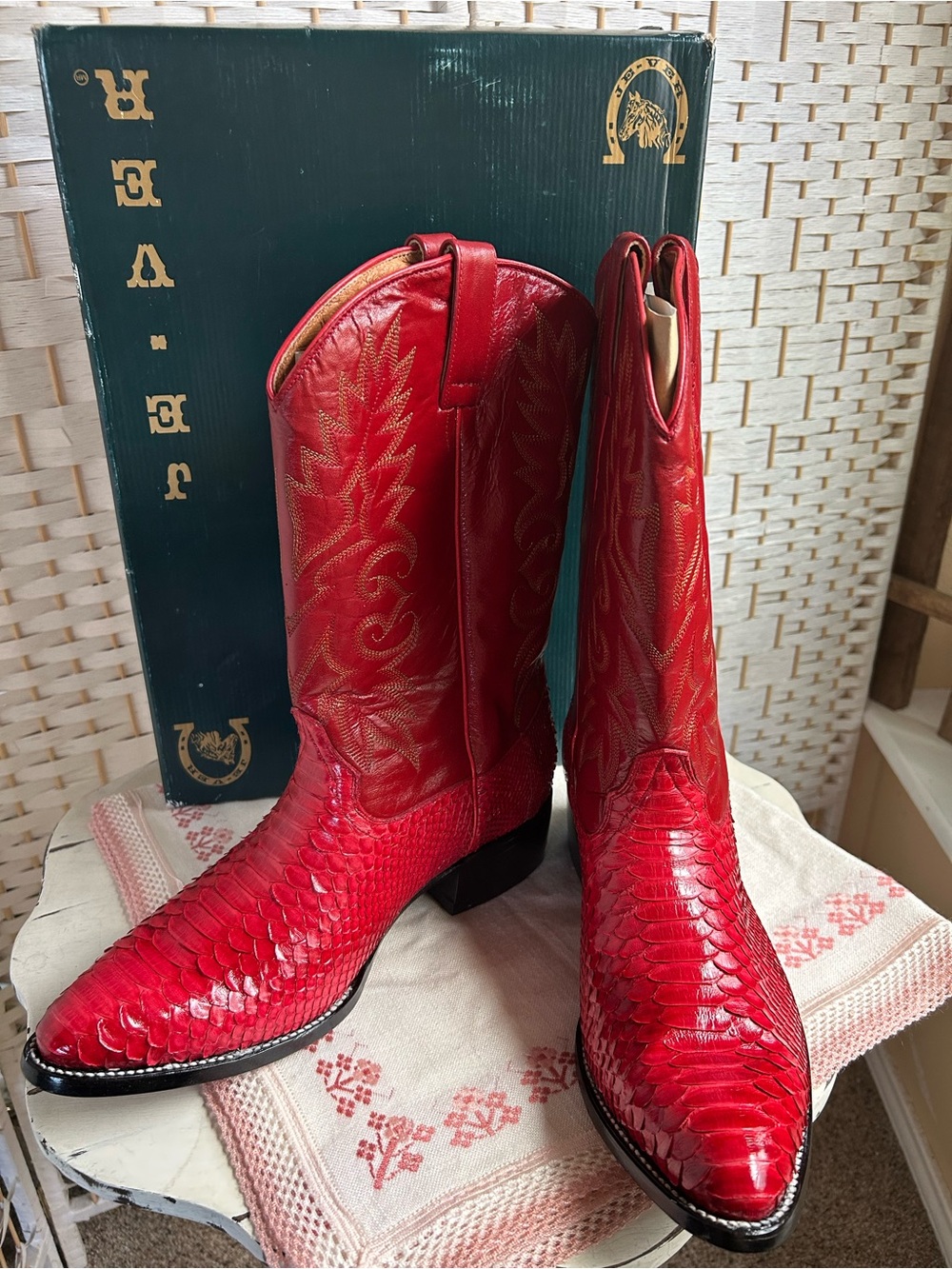 JE-VER Red Leather PYTHON Cowboy Boots Last Oval #2079 US 12, MX 31, EU 47 NIB